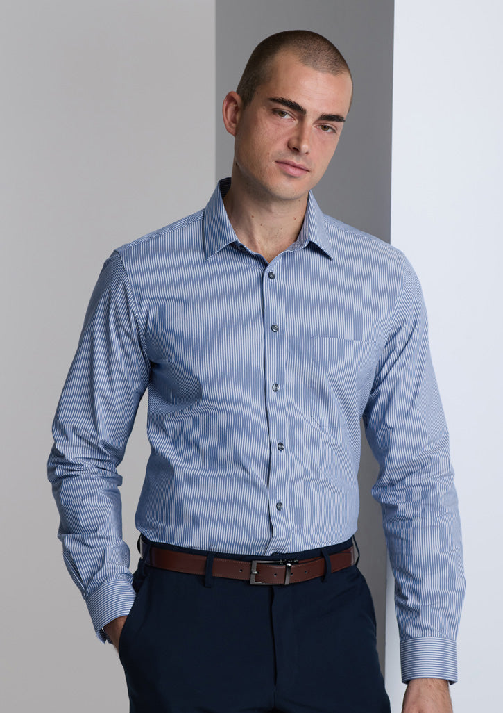 BizCollection S624M Mens Fitzroy Classic Fit Long Sleeve Shirt - French Blue/White Stripe