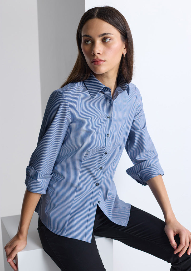 BizCollection S624W Womens Fitzroy Long Sleeve Shirt - French Blue/White Stripe