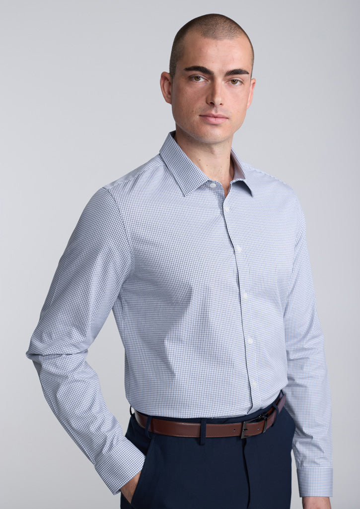BizCollection S625M Mens Fitzroy Slim Fit Long Sleeve Shirt - White/Navy Check