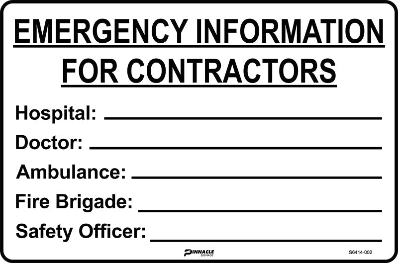 Max Global Products S6414 Emergency Information For Contractors Sign