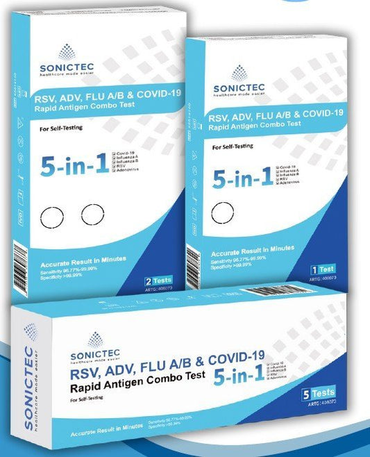 Max Global Products ST-FIV5PK Test: Sonictec Nasal 5 in 1 Rsv / Adv / Flu A/b / COVID-19 Self Test Kit 5 Pack