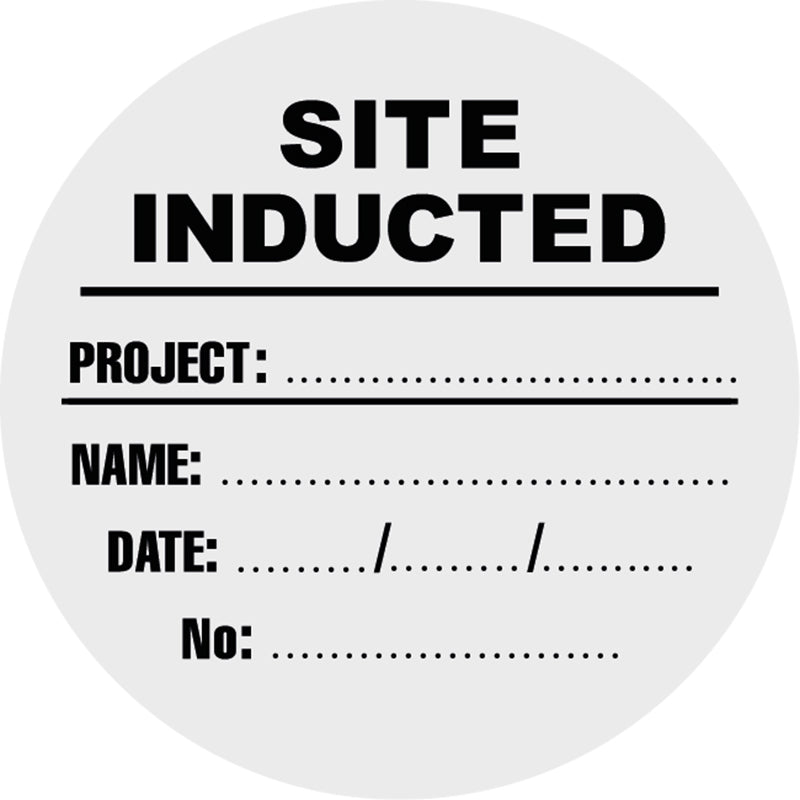 Max Global Products S9112 Site Inducted (Project, Name, Date, No), Black/White, Round Hardhat Stickers, Pack/12 Sign