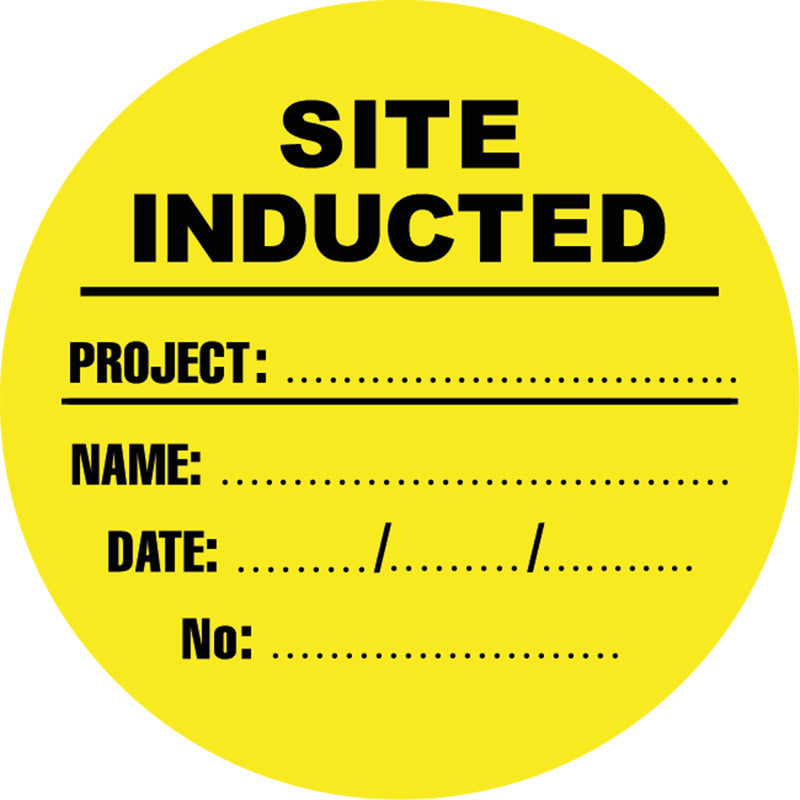 Max Global Products S9121 Site Inducted (Project, Name, Date, No), Black/Yellow, Round Hardhat Stickers, Pack/12 Sign