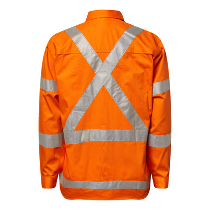 Workcraft WS6010 Mens Lightweight Hi Vis Long Sleeve Vented Cotton Drill Reflective Shirt With X Pattern – NSW Rail Compliant in Safety Orange