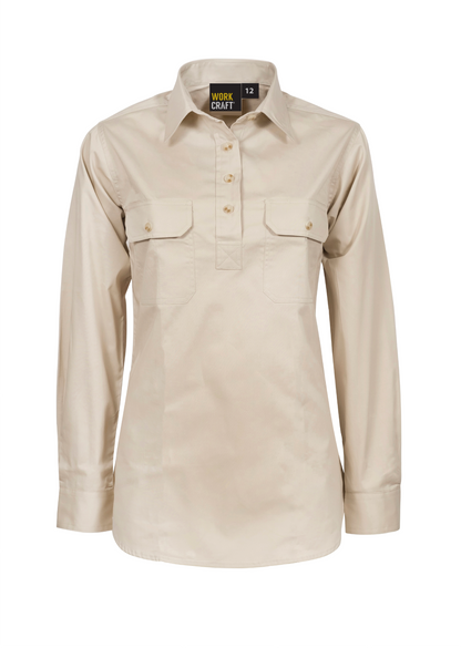 Workcraft WSL505 Ladies Lightweight Long Sleeve Closed Front Cotton Drill Shirt in Cream