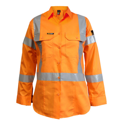 Workcraft WSL509 Ladies Lightweight Hi Vis Long Sleeve Vented Reflective Shirt With X Pattern-NSW Rail Compliant in Safety Orange