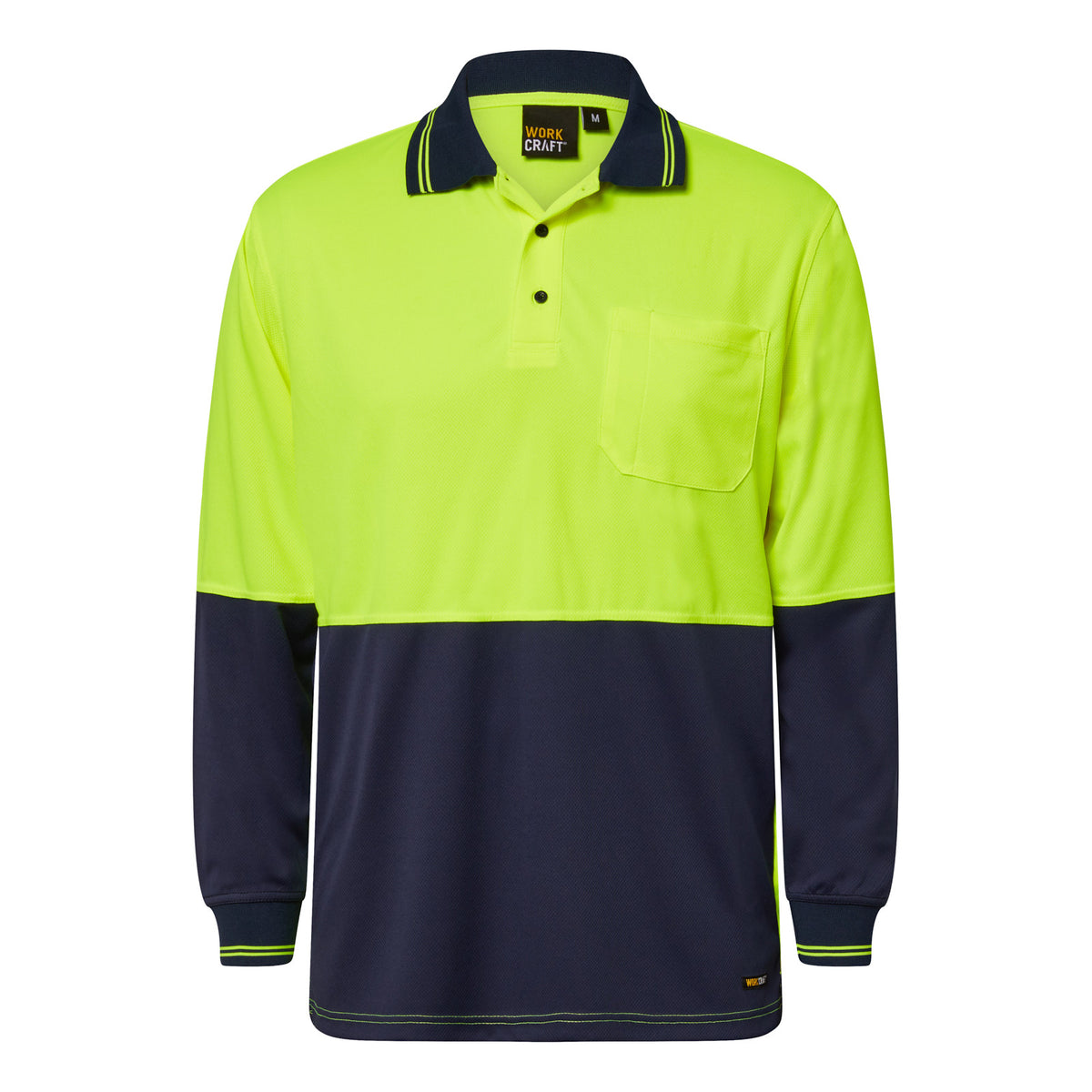 Workcraft WSP202 Hi Vis Long Sleeve Micromesh Polo With Pocket in Yellow/Navy