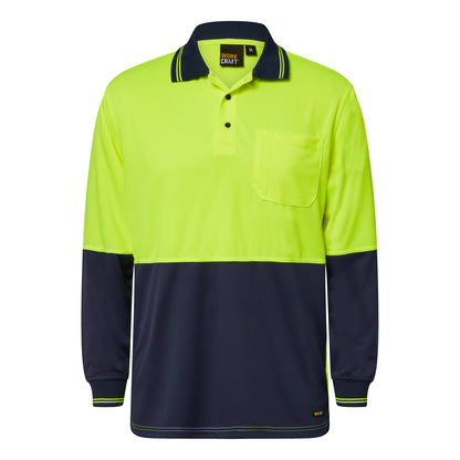Workcraft WSP202 Hi Vis Long Sleeve Micromesh Polo With Pocket in Yellow/Navy