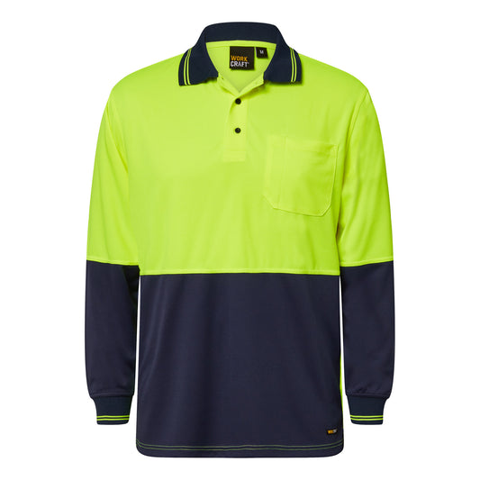 Workcraft WSP202 Hi Vis Long Sleeve Micromesh Polo With Pocket in Yellow/Navy