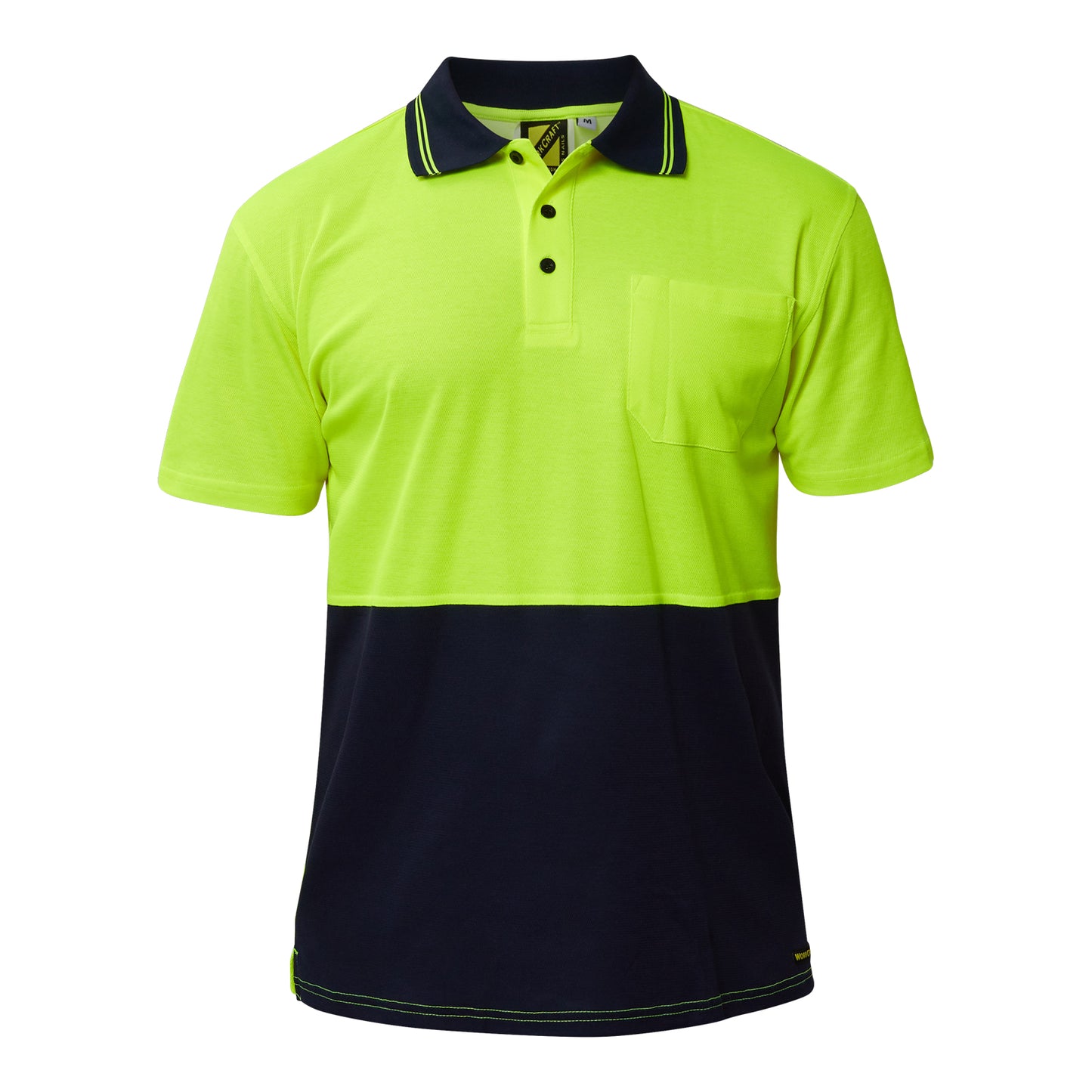 Workcraft WSP401 Hi Vis Short Sleeve Cotton Back Polo With Pocket in Yellow/Navy