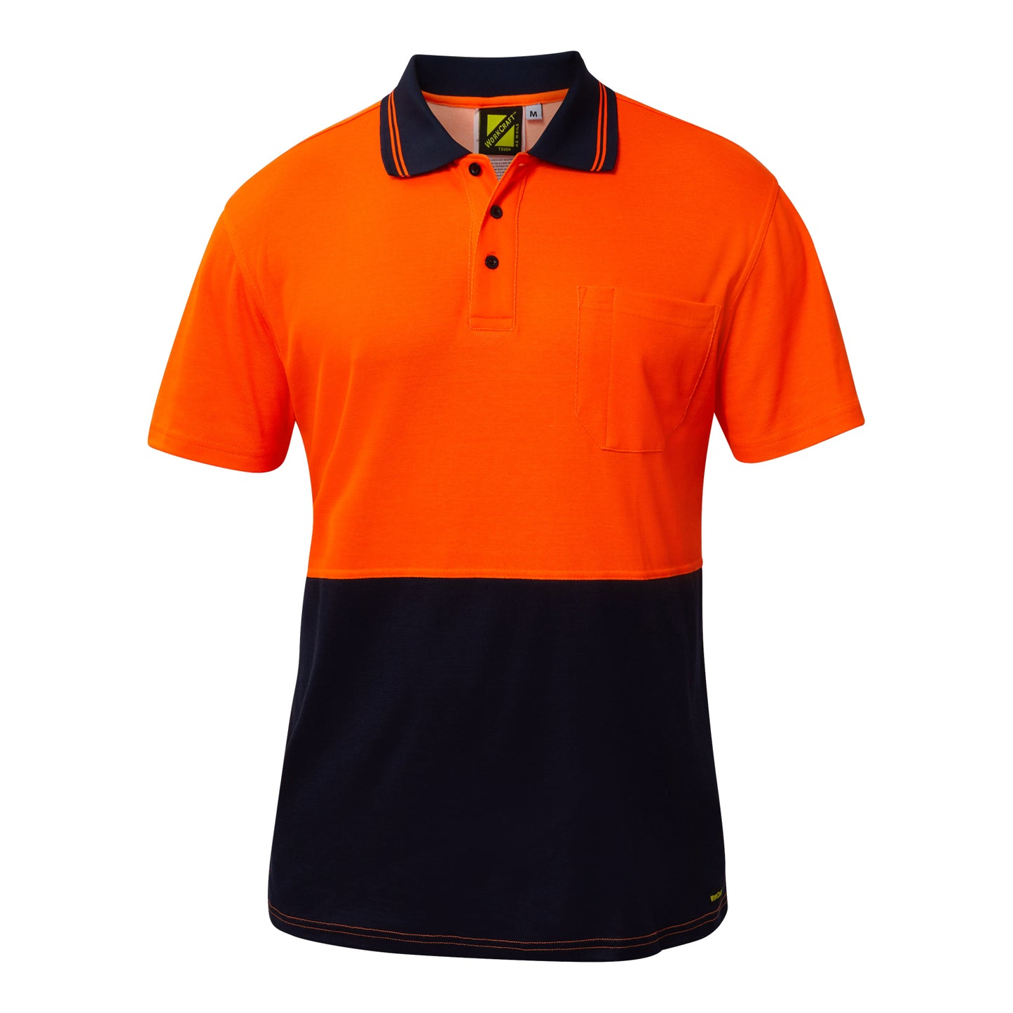 Workcraft WSP401 Hi Vis Short Sleeve Cotton Back Polo With Pocket in Orange/Navy