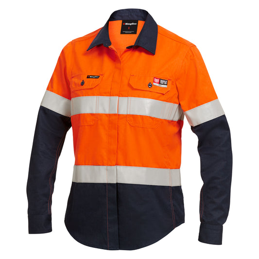 King Gee Y04050 Women's ShieldTec FR Hi Vis 2Tone Open Front Taped Shirt PPE2
