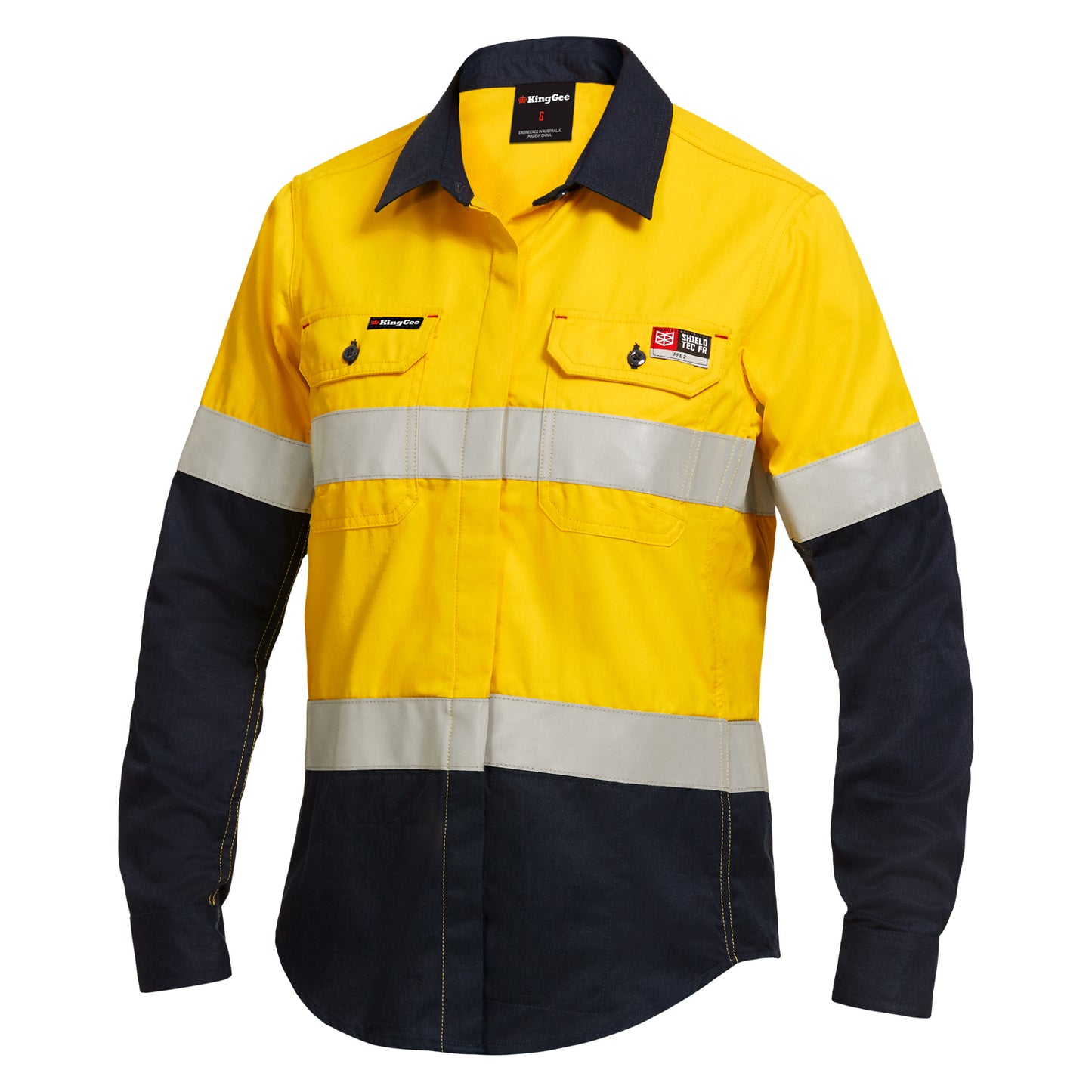 King Gee Y04050 Women's ShieldTec FR Hi Vis 2Tone Open Front Taped Shirt PPE2