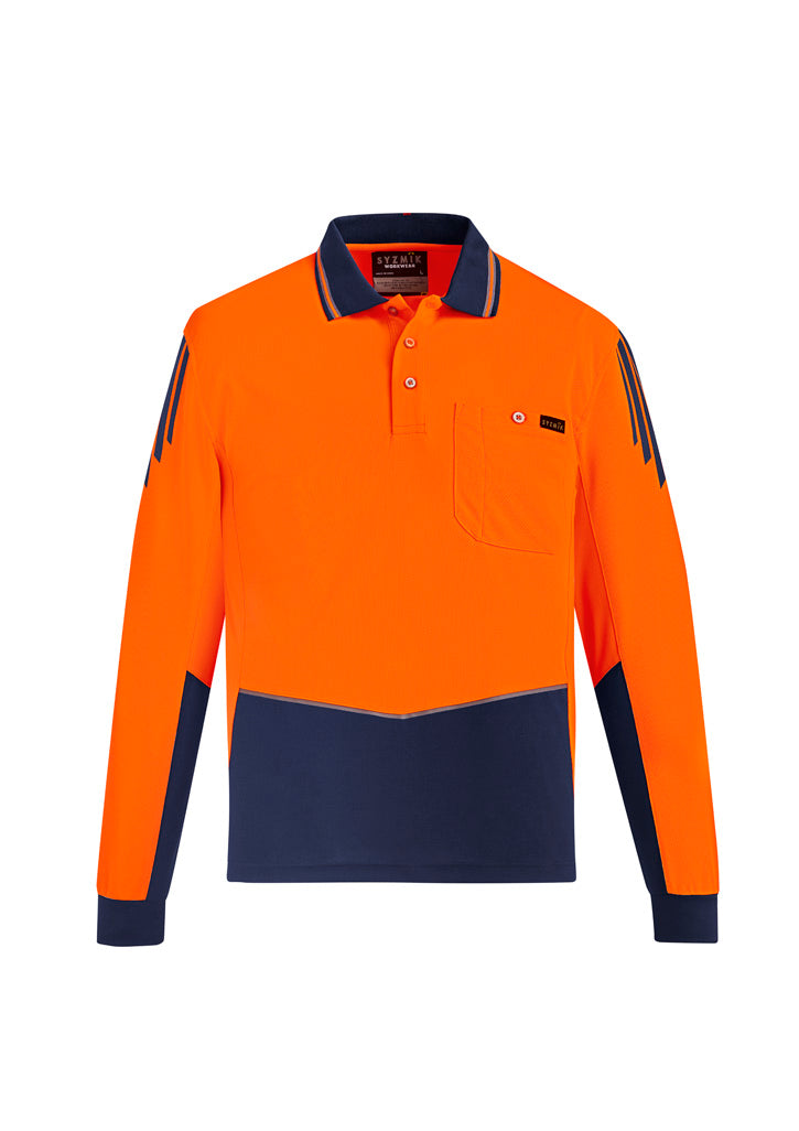 Syzmik Men's Hi Vis Flux Long Sleeve Polo - Orange/Navy