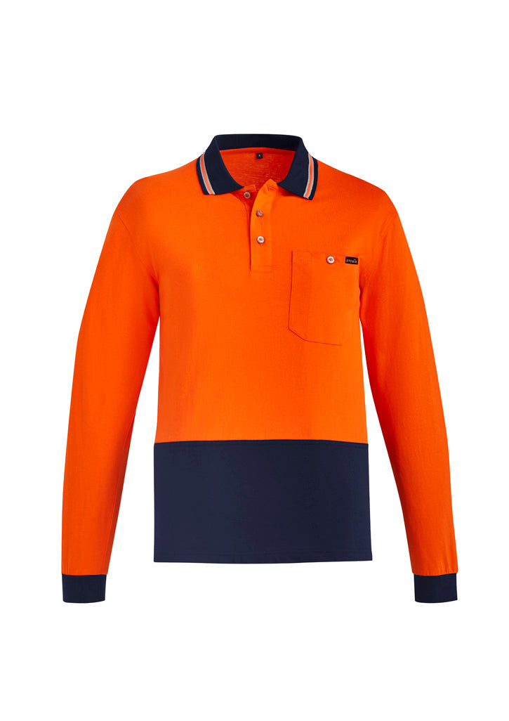 Syzmik Men's Hi Vis Cotton Long Sleeve Polo - Orange/Navy