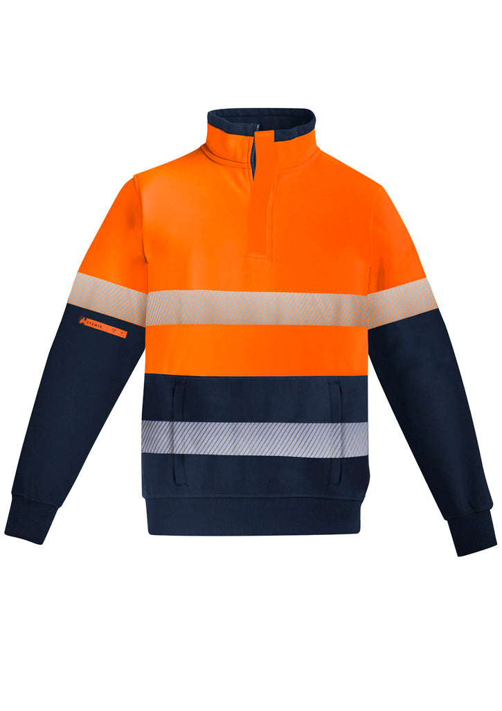 Syzmik Men's Orange Flame Hi Vis 1/4 Zip Brushed Fleece Pullover - Hoop Taped - Orange/Navy