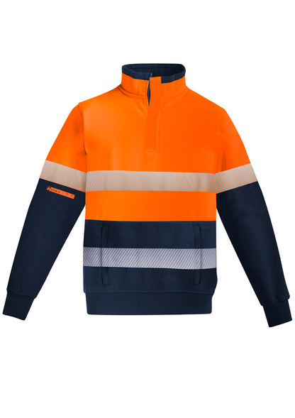 Syzmik Men's Orange Flame Hi Vis 1/4 Zip Brushed Fleece Pullover - Hoop Taped - Orange/Navy