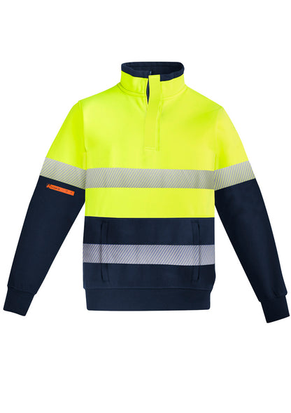 Syzmik Men's Orange Flame Hi Vis 1/4 Zip Brushed Fleece Pullover - Hoop Taped - Yellow/Navy
