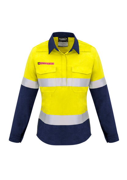 Syzmik Women's FR Closed Front Hooped Taped Spliced Shirt - Yellow/Navy