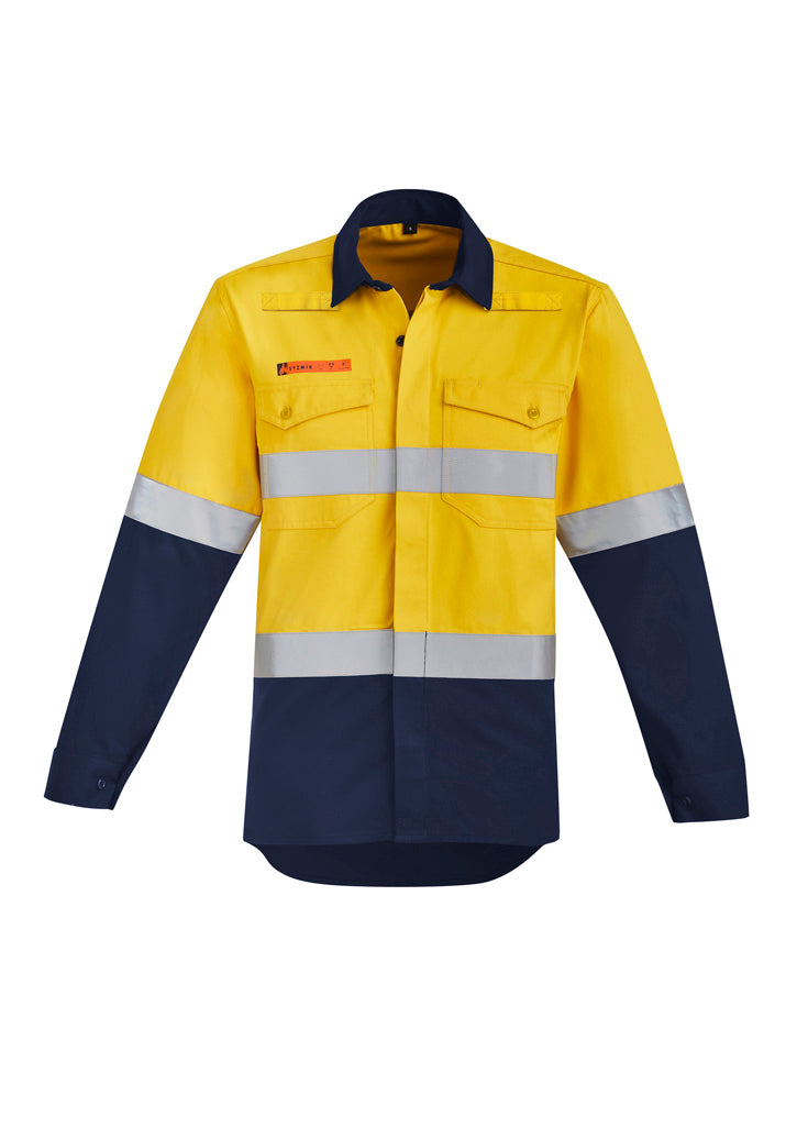 Syzmik Men's Orange Flame Hi Vis Open Front Spliced Shirt - Hoop Taped - Yellow/Navy