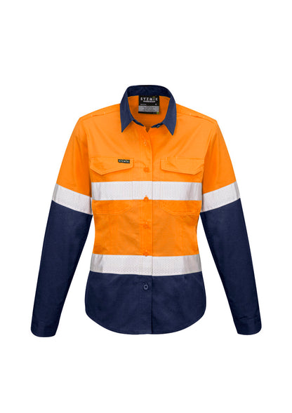 Syzmik Women's Rugged Cooling Hi Vis Taped Long Sleeve Shirt - Orange/Navy
