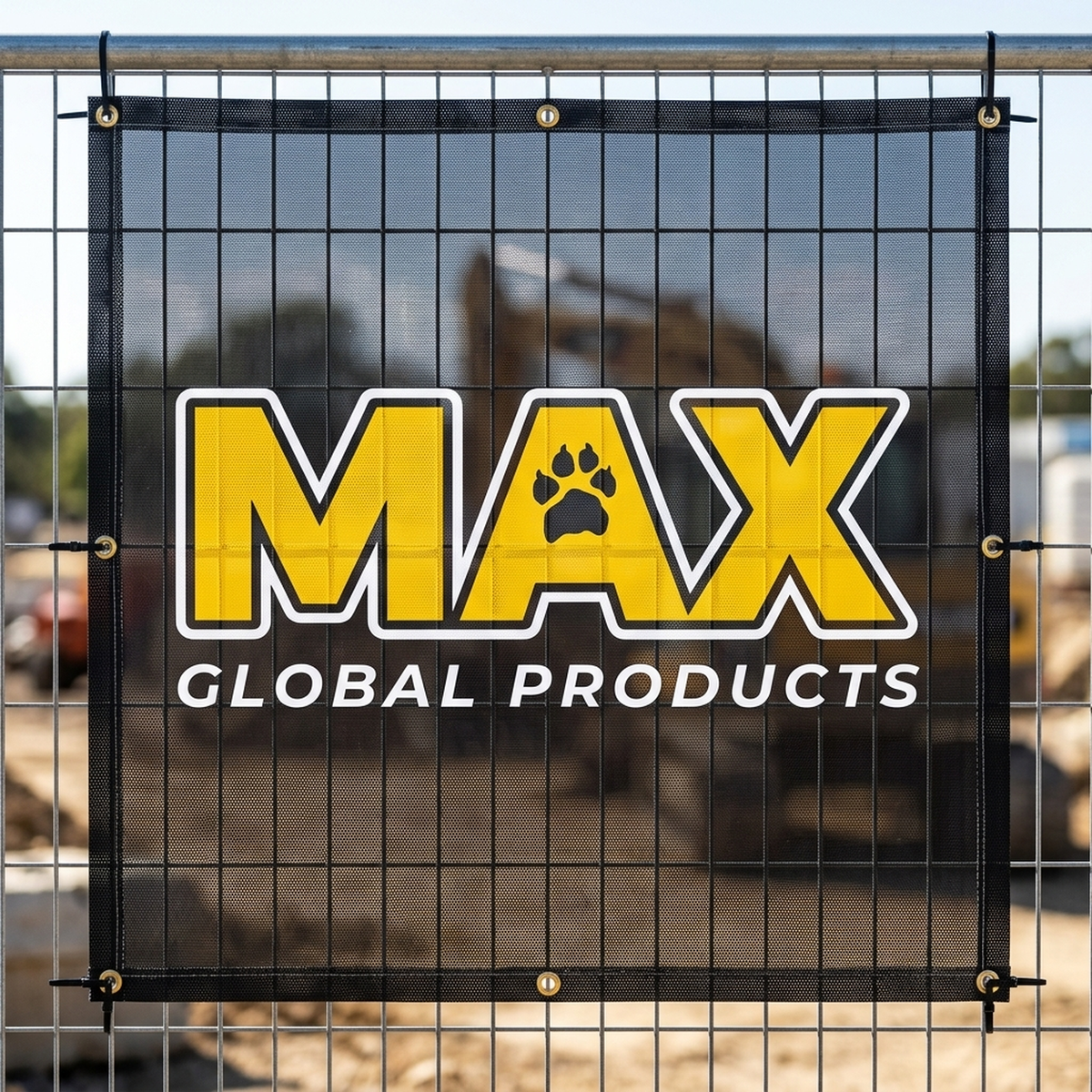 Printed airmesh banner panel cable-tied to site fencing