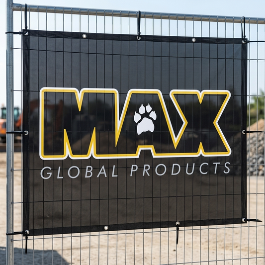 Printed airmesh banner panel cable-tied to site fencing