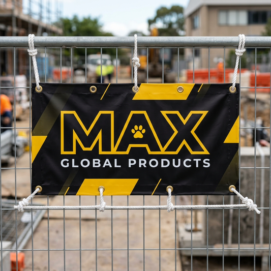 Printed PVC banner with rope and eyelets tied to a site fence