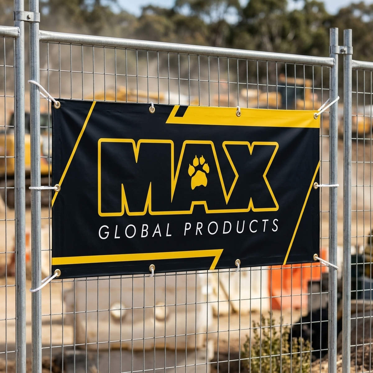 Printed PVC banner with rope and eyelets tied to a site fence