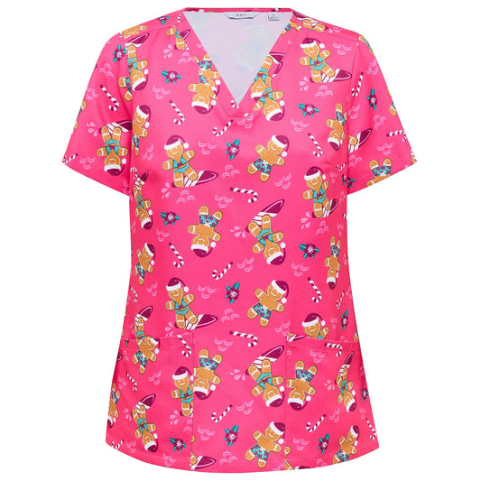 NNT CATUXV Xmas Gingerbread Surfer Print Scrub Top