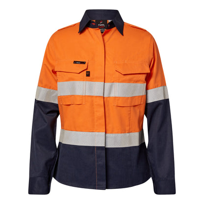 Flamebuster FSL016A Ladies HRC2 Inherent Hi Vis Reflective Shirt With Gusset Sleeves in Orange/Navy