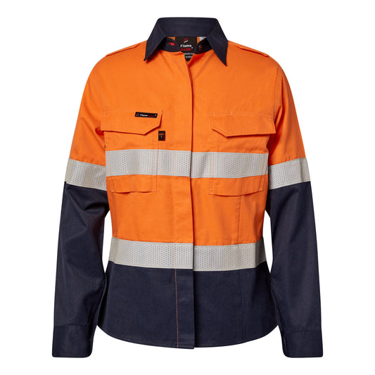 Flamebuster FSL016A Ladies HRC2 Inherent Hi Vis Reflective Shirt With Gusset Sleeves in Orange/Navy