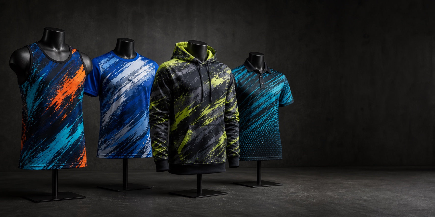 Sublimated singlet, shirt, hoodie and polo in a studio display