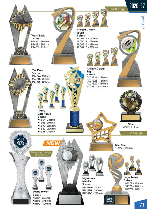 Cover of the Trophies for Distinction Touch & Oztag catalogue 2026