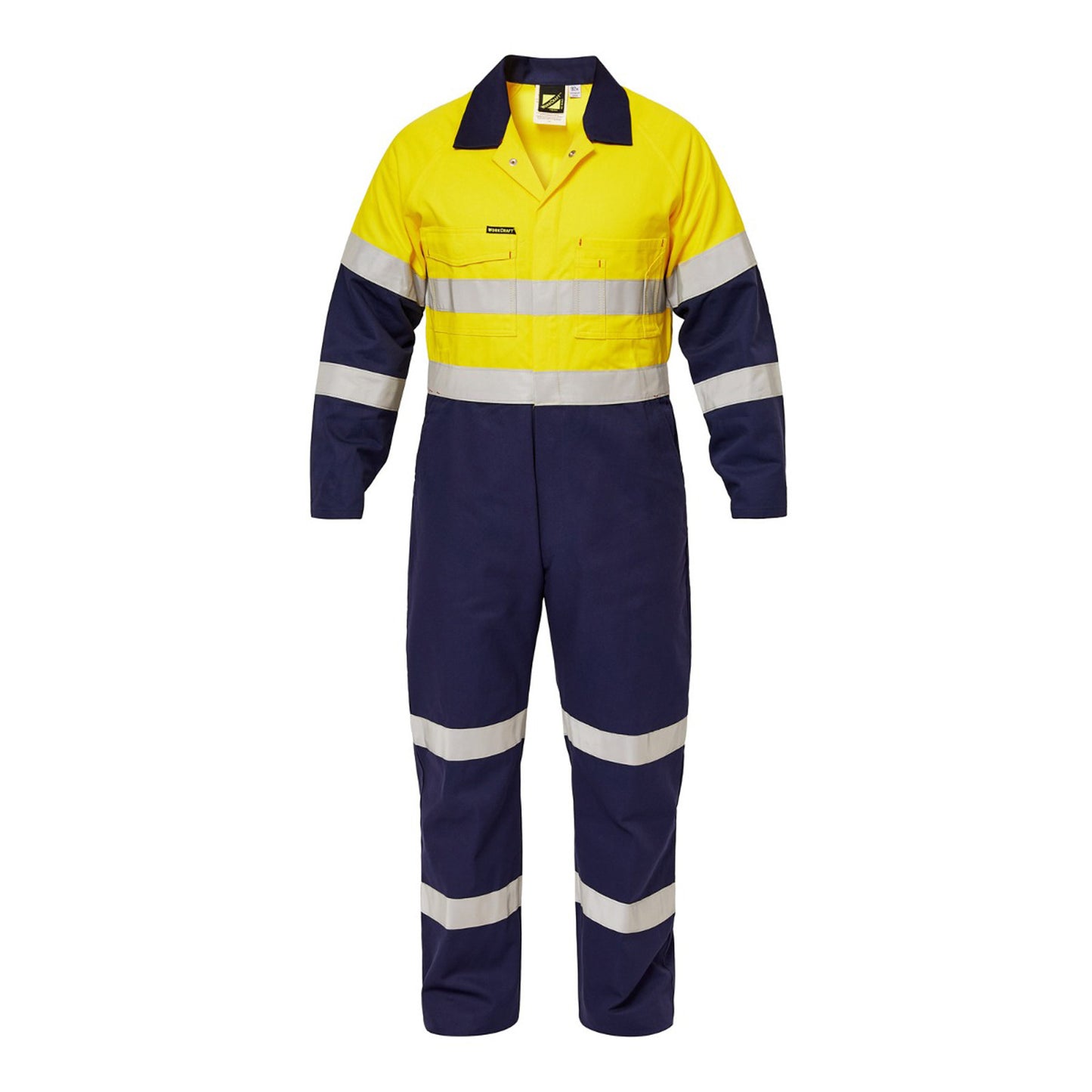 Workcraft WC3063 Mens Hi Vis Two Tone Cotton Drill Coveralls With Industrial Laundry Reflective Tape in Yellow/Navy