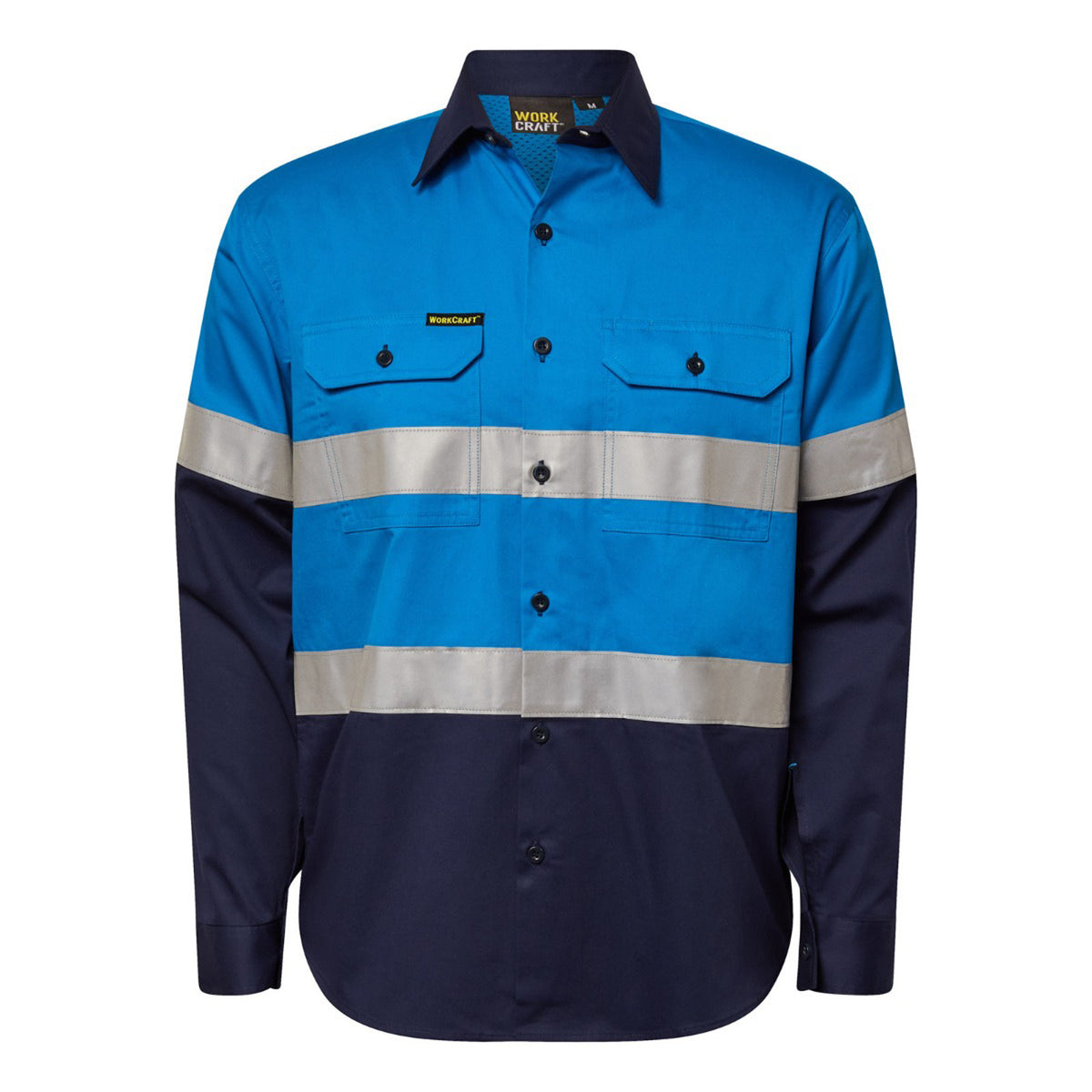 Workcraft WS4132 Lightweight Long Sleeve Vented Cotton Drill Reflective Shirt – Night Use Only in Electric Blue/Navy