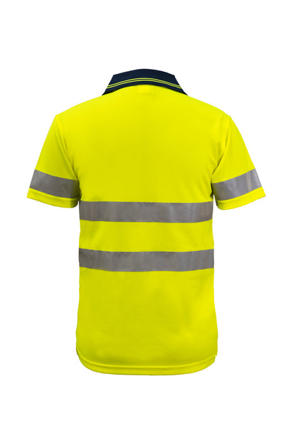Workcraft WSP410 Hi Vis Short Sleeve Micromesh Reflective Polo With Pocket in Yellow/Navy