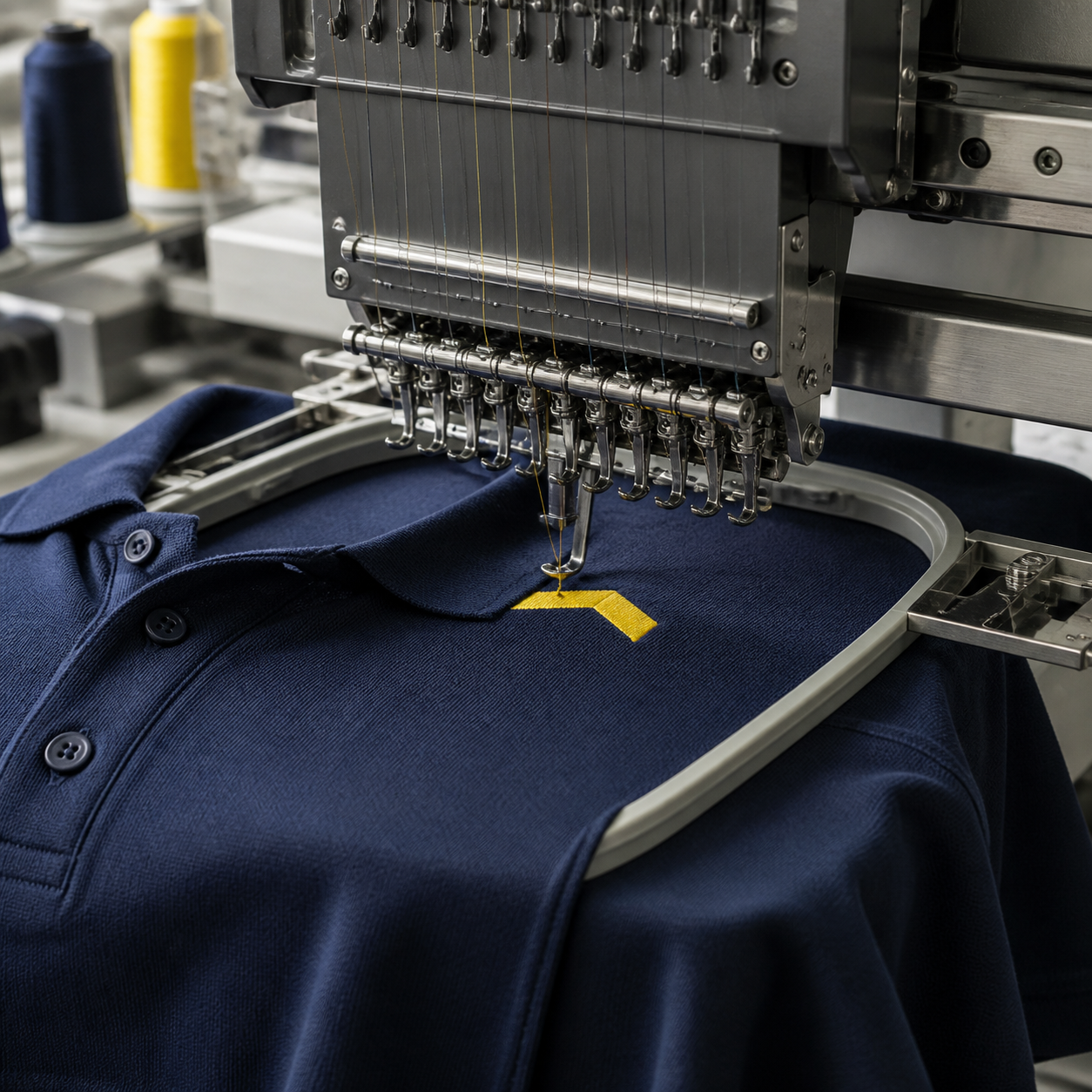 Commercial embroidery machine stitching yellow thread onto a navy work polo